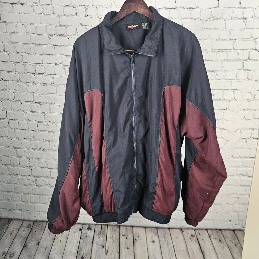 Winner‎ Mens Windbreaker Jacket Navy Blue Maroon Colorblock Full Zip Size LT